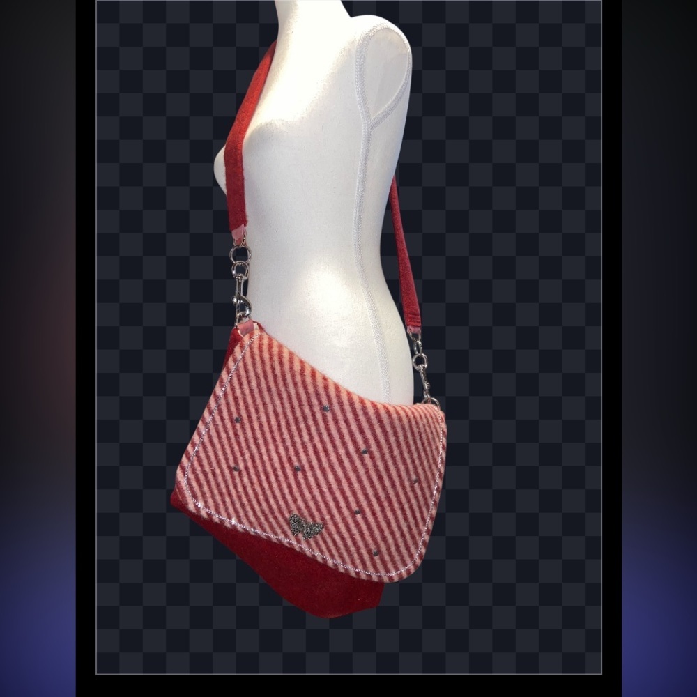 Hand Made with love, Red Striped Shoulder Bag with Butterfly! Boho hippie​ - Picture 2 of 6
